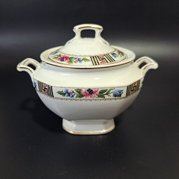 J & G Meakin England SOL Square Covered Sugar Bowl With Gold Trim & Black Pink F - Picture 3 of 16